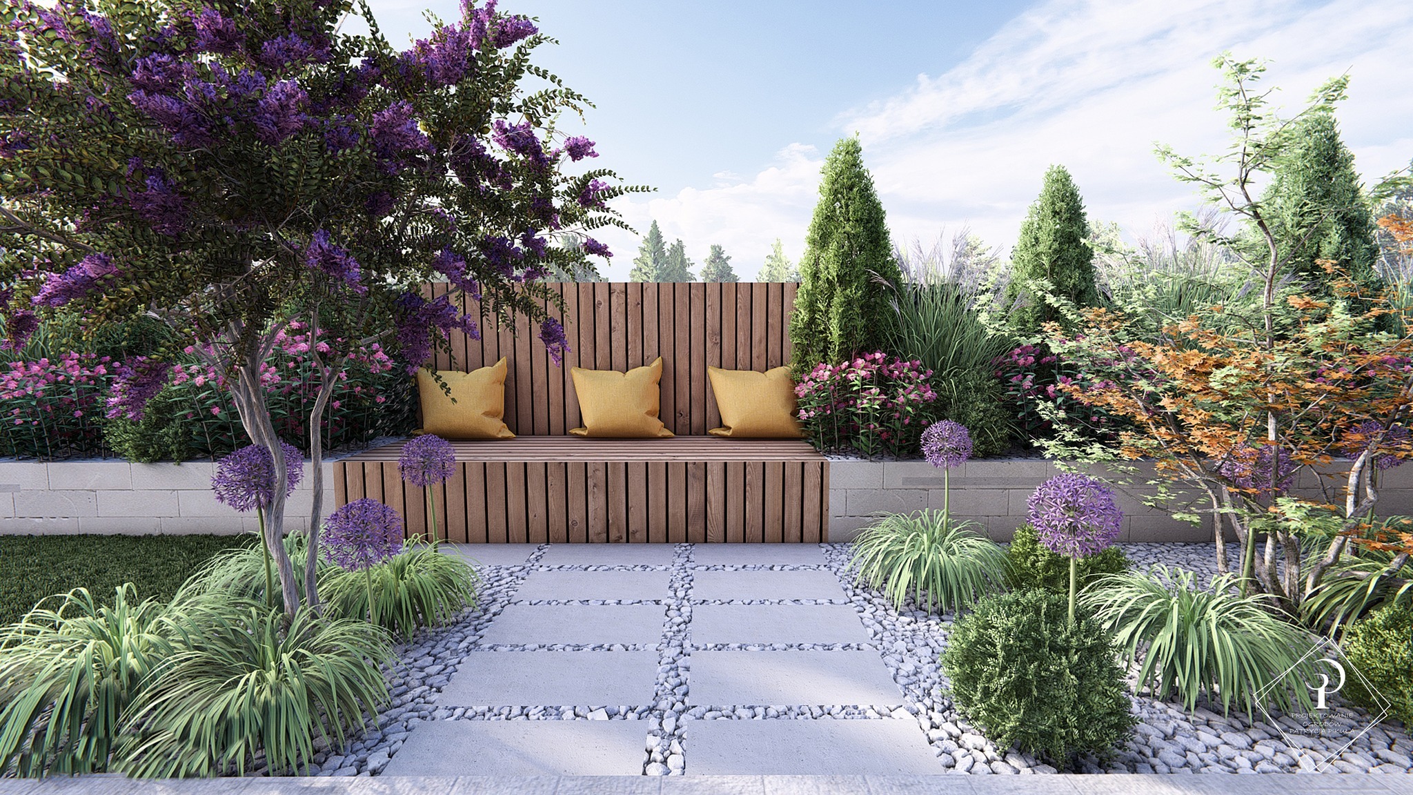 Nowoczesny ogród z drewnianą ławką z trzema żółtymi poduszkami, otoczoną kwitnącymi roślinami i ścieżką z betonowych płyt wypełnionych białym żwirem, z drzewem obsypanym fioletowymi kwiatami po...