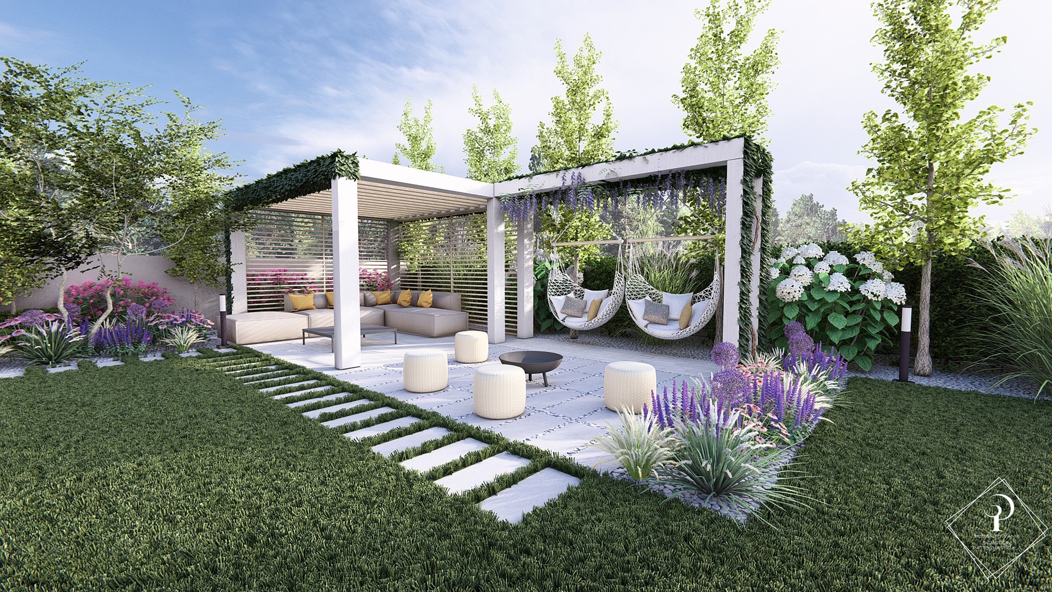 Wizualizacja ogrodu w Rzeszowie z nowoczesną białą pergolą, dwoma wiszącymi fotelami, paleniskiem i ścieżką z płyt betonowych prowadzącą przez trawnik do strefy relaksu z sofą.