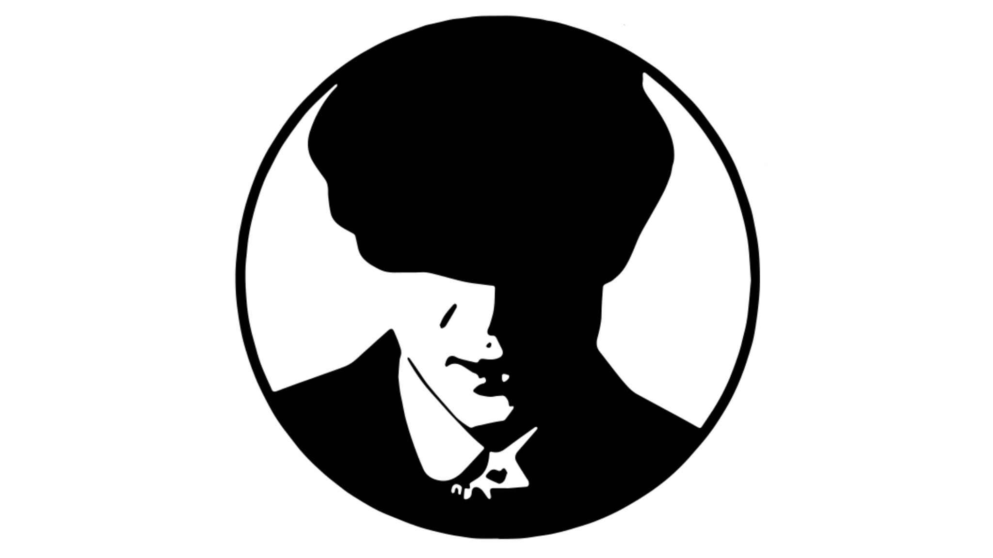 Czarno-biała grafika przedstawia sylwetkę mężczyzny w kapeluszu i garniturze, umieszczoną w okręgu. Wyraziste kontrasty światła i cienia.