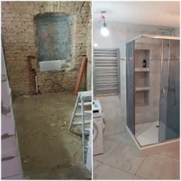 Porównanie stanu surowego i wykończonej łazienki w Bolesławcu: od ceglanej ściany zarysowanej pomarańczową farbą do nowoczesnej kabiny prysznicowej z grzejnikiem drabinkowym i wnękami na kosmetyki.