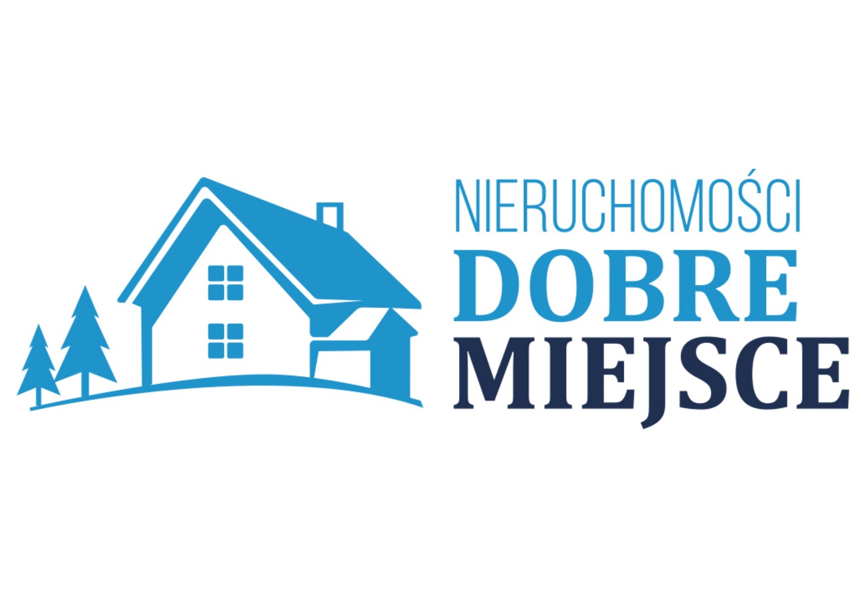 Niebieskie logo firmy 'Nieruchomości Dobre Miejsce' z ikoną domu i drzew iglastych na białym tle. Grafika wektorowa w nowoczesnym stylu.