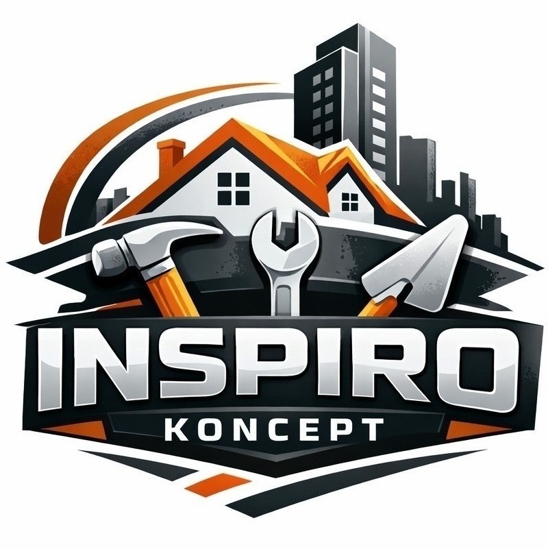 Graficzne logo firmy budowlanej: budynek, narzędzia (młotek, kielnia, klucz), napis 'INSPIRO KONCEPT' w nowoczesnej stylistyce, szaro-pomarańczowa kolorystyka.