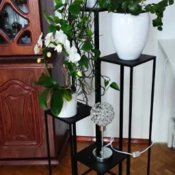 Trzypoziomowy, czarny, metalowy kwietnik z trzema różnymi roślinami w białych doniczkach oraz lampką z kryształkami, stojący na parkiecie w pomieszczeniu z drewnianą szafką.