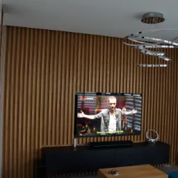 Nowoczesny salon z drewnianą ścianą z lameli, czarną szafką RTV, telewizorem i designerską lampą sufitową.