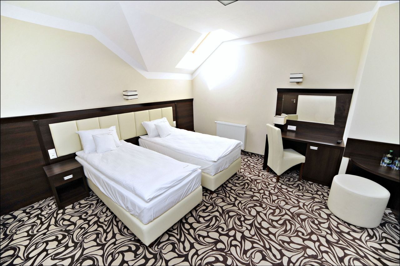 Pokój hotelowy z dwoma łóżkami pojedynczymi, toaletką z lustrem i wzorzystą wykładziną podłogową w odcieniach brązu i beżu.