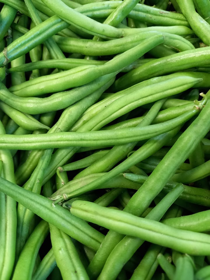 Struktura świeżych, zielonych strąków fasoli szparagowej, ułożonych ciasno obok siebie, tworzących gęsty wzór z delikatnymi refleksami światła.