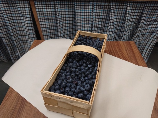 Drewniany koszyk wypełniony świeżymi, dojrzałymi borówkami na białym papierze, ustawiony na drewnianym stole z tkaniną w kratę w tle.