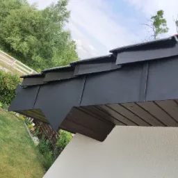 Nowoczesne, czarne blaszane pokrycie dachowe z widocznym podbitkiem drewnianym, na tle zielonego ogrodu i błękitnego nieba.