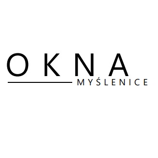 Logo firmy 'OKNA Myślenice' w czerni na białym tle, nazwa firmy z podkreśleniem pod słowem 'OKNA'.