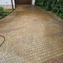 Wysokociśnieniowi Marcin Szczepanik - Mokra kostka brukowa po czyszczeniu, widoczne różnice w kolorze między czystą a brudną powierzchnią, wąż ciśnieniowy leży na ziemi, w tle brama garażowa i ściana porośnięta bluszczem.