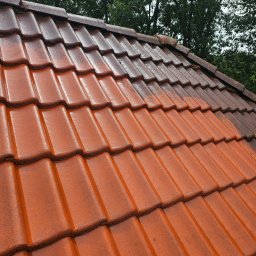 Wysokociśnieniowi Marcin Szczepanik - Częściowo umyty dach z czerwonej dachówki, widoczne wyraźne różnice w kolorze i czystości, tło z zieleni drzew, ujęcie z dołu pod kątem.