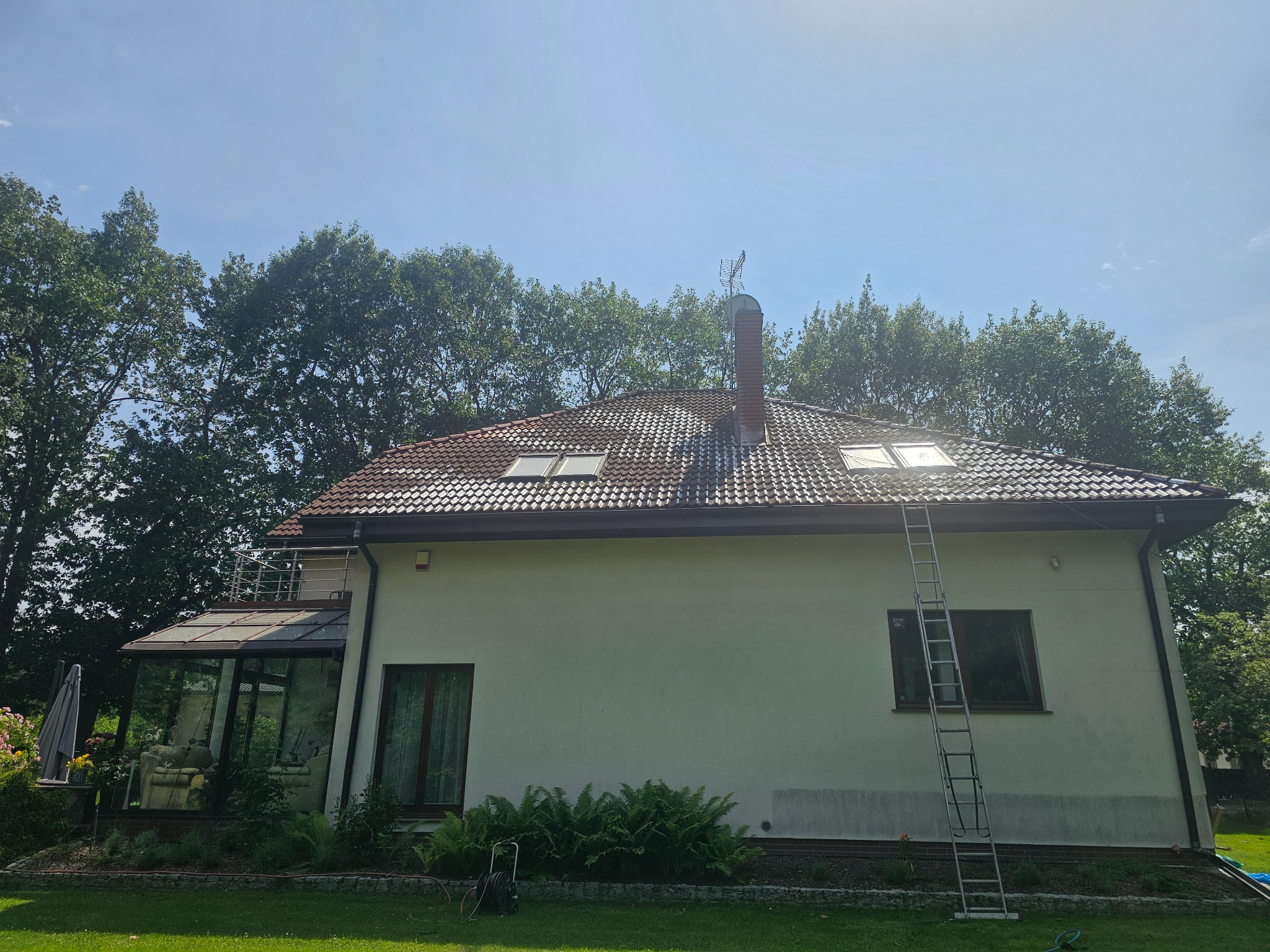 Dom z jasną elewacją i częściowo umytym, brudnym dachem. Przystawiona drabina, widoczne ślady po czyszczeniu. Tło: zieleń drzew i błękitne niebo.