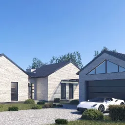 Wizualizacja nowoczesnego domu jednorodzinnego z garażem, elewacja z jasnej cegły, biały sportowy samochód na podjeździe z kostki.
