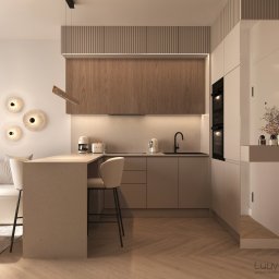 KAROLINA KINASZEWSKA Studio Projektowania Wnętrz - Projekt kuchni w Krakowie z wyspą, drewnianymi akcentami i oświetleniem LED, uzupełniony o sprzęt AGD marki Smeg i marmurowe lampy ścienne.