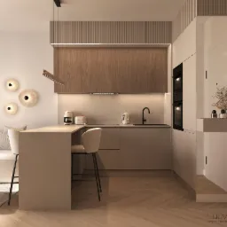 Projekt kuchni w Krakowie z wyspą, drewnianymi akcentami i oświetleniem LED, uzupełniony o sprzęt AGD marki Smeg i marmurowe lampy ścienne.