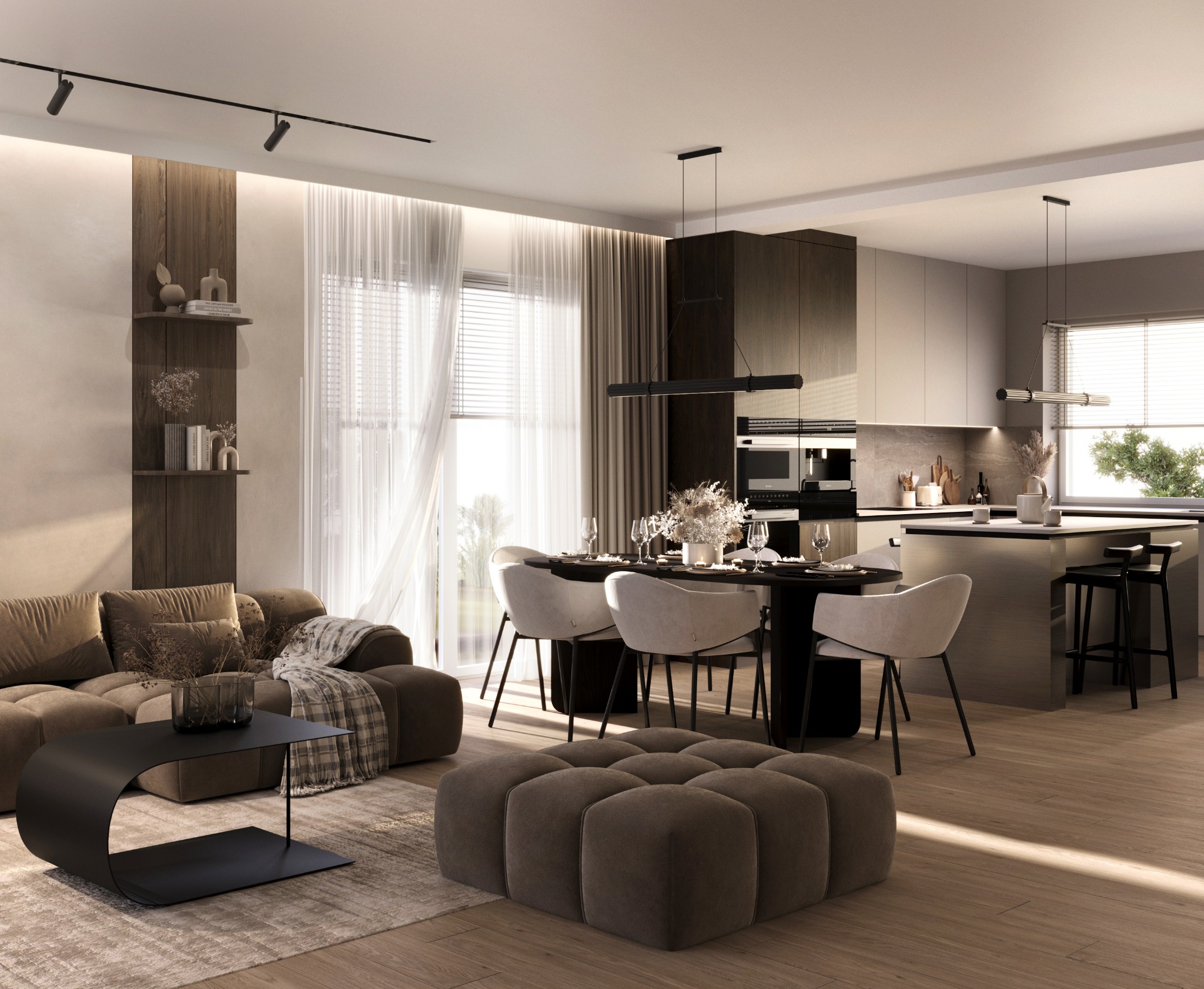 Nowoczesne wnętrze z otwartą przestrzenią: salon z brązową sofą, czarnym stolikiem kawowym i pufem w odcieniach brązu, jadalnia ze stołem i krzesłami, oraz kuchnia z wyspą, oświetlone naturalnym...