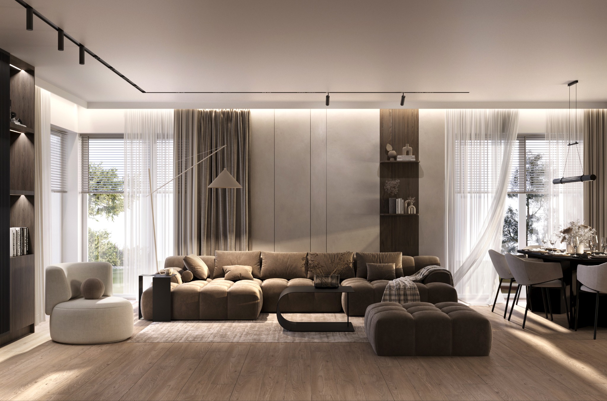 Przestronny salon w neutralnych barwach z dużą, modułową sofą narożną, drewnianą podłogą, minimalistycznym oświetleniem szynowym i widokiem na zieleń za oknem.