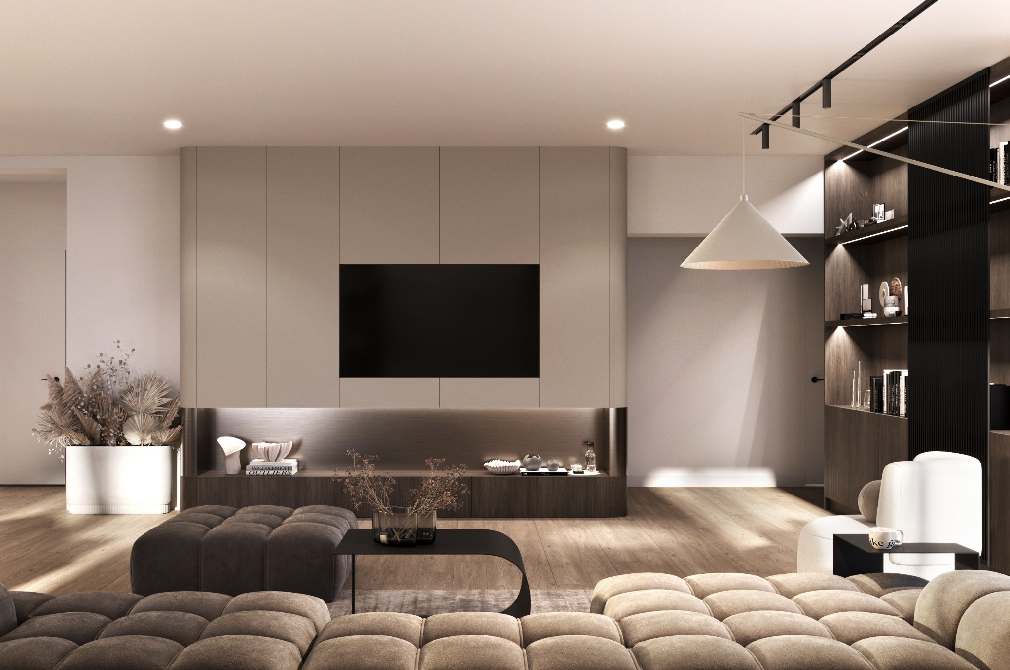 Nowoczesny salon z modułową sofą w odcieniach beżu i brązu, minimalistyczną ścianą TV z podświetleniem LED, dekoracyjną kompozycją z suchych traw w białej donicy oraz regałem z czarnymi akcentami...