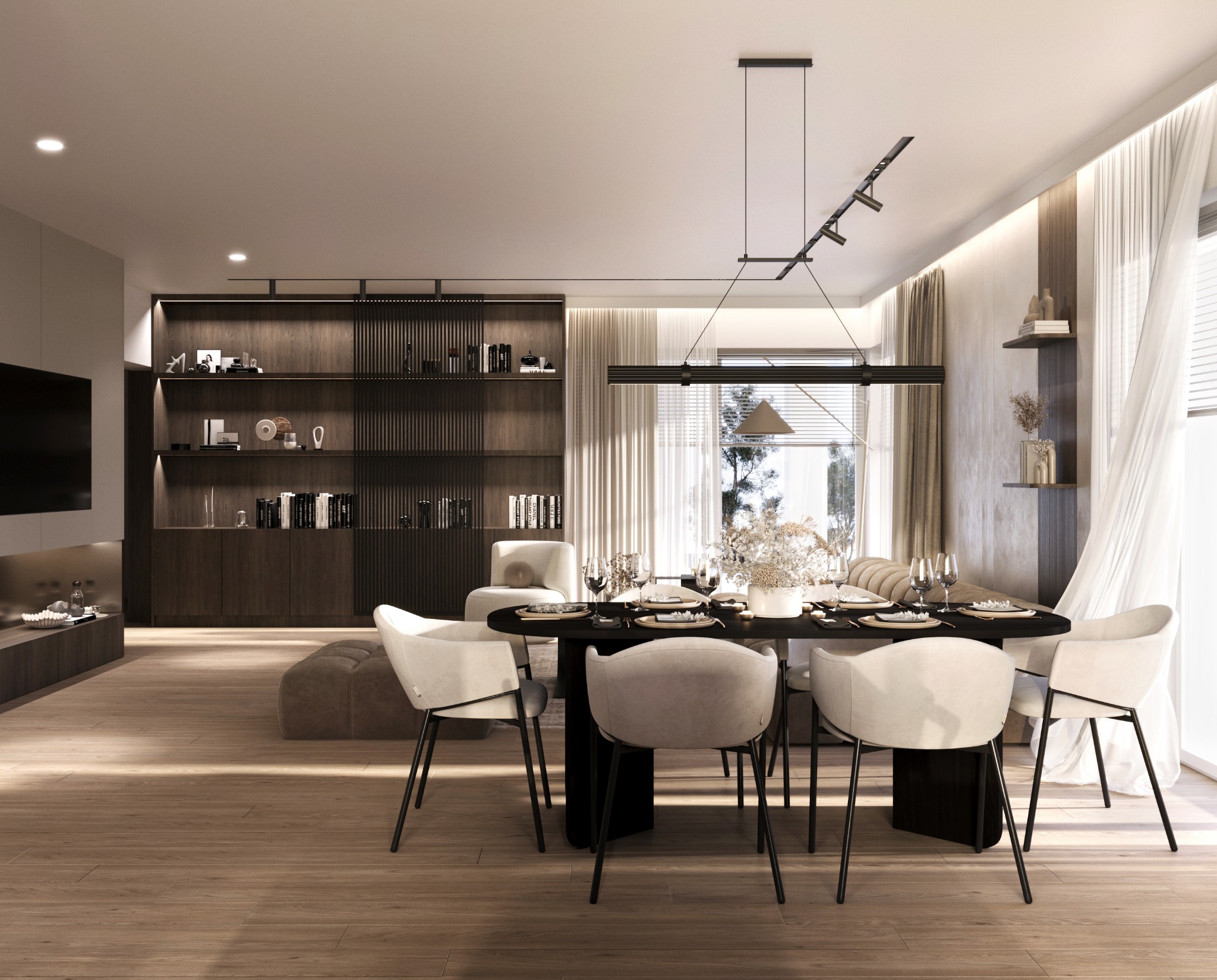 Elegancka jadalnia w neutralnej kolorystyce z ciemnym stołem i jasnymi krzesłami, oświetlona nowoczesną lampą wiszącą, z dekoracjami na stole i półkach.