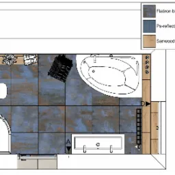 Plan łazienki z kabiną prysznicową, toaletą, umywalką i wanną, wykończonej płytkami w odcieniach niebieskiego i beżowego, z zaznaczonymi wymiarami i nazwami materiałów.