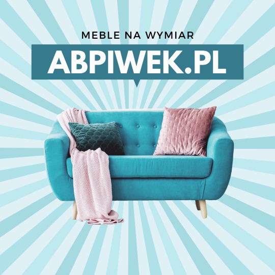 Turkusowa sofa z poduszkami i narzutą na tle promienistego błękitu, u góry napis 'Meble na wymiar' oraz adres strony internetowej.