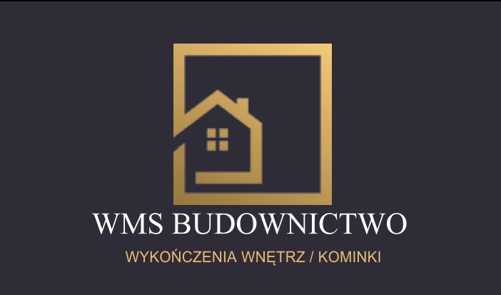 Logo firmy WMS Budownictwo z motywem domu w złotej ramce, specjalizującej się w wykończeniach wnętrz i kominkach.