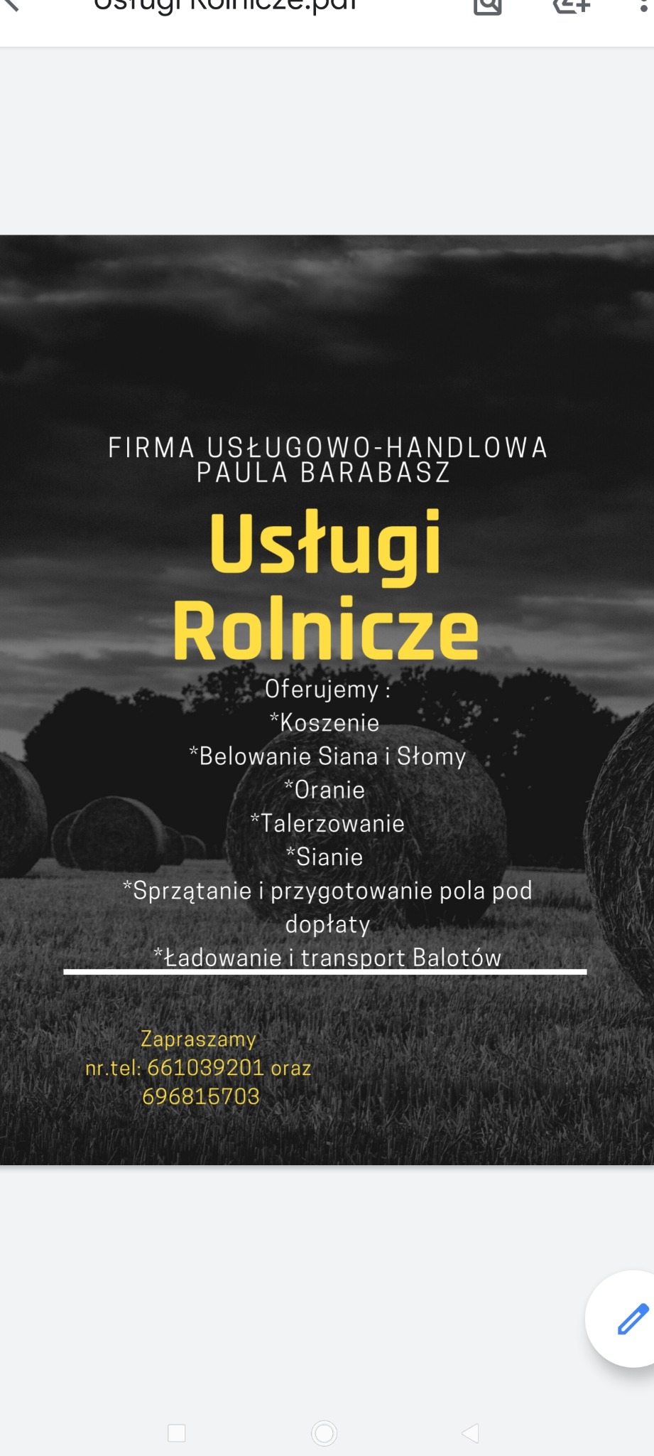 Grafika reklamowa firmy świadczącej usługi rolnicze, oferującej koszenie, belowanie siana i słomy, oranie, talerzowanie, sianie, sprzątanie i przygotowanie pola, ładowanie i transport balotów,...