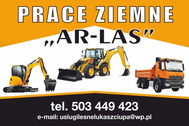 Żółto-czarne logo firmy AR-LAS z trzema pojazdami: mini koparką, koparko-ładowarką i wywrotką, na żółto-czarnym tle z danymi kontaktowymi.