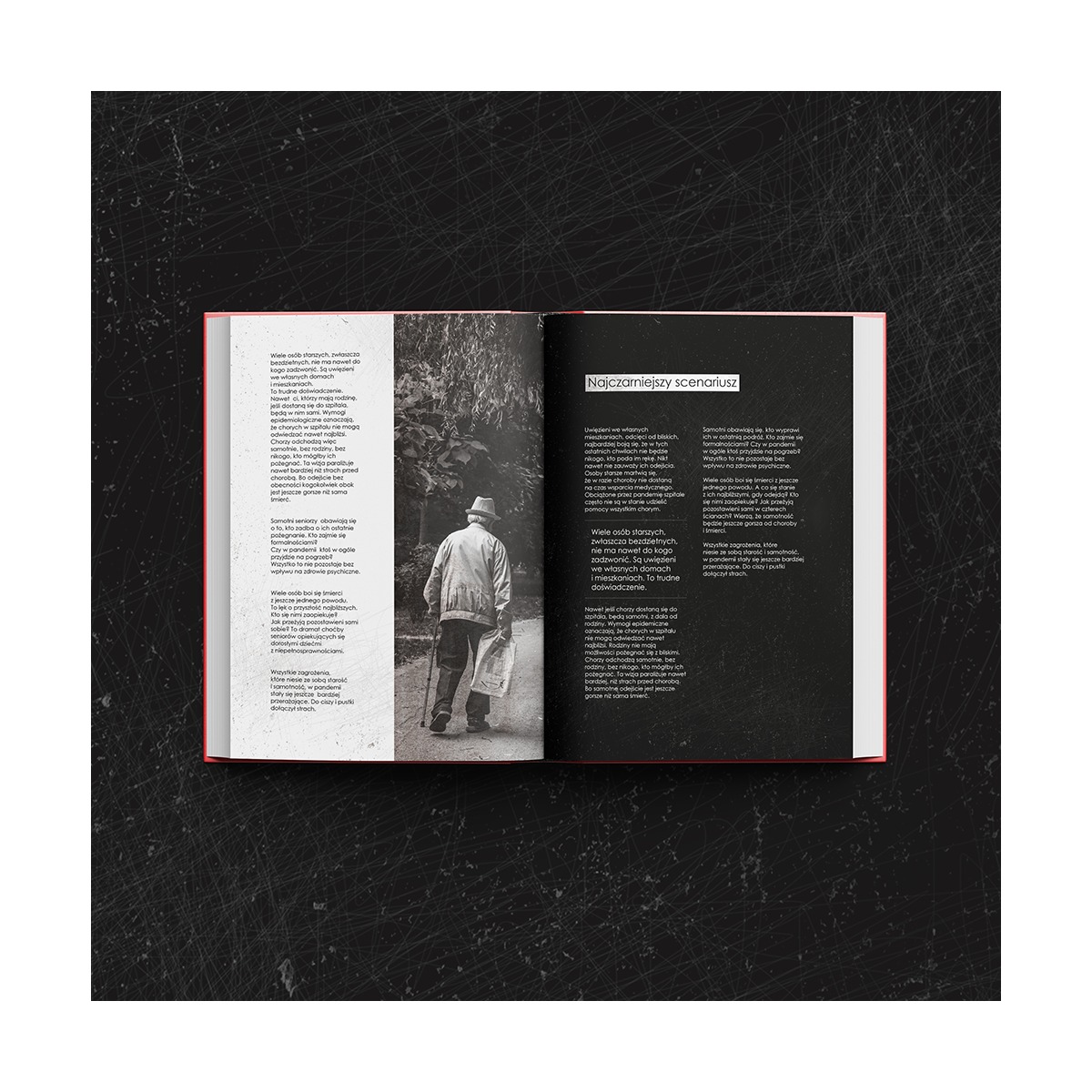 Czarno-białe zdjęcie z książki przedstawiające starszego mężczyznę idącego samotnie ścieżką, z laską w ręku i torbą w dłoni, ilustrujące samotność i starość.