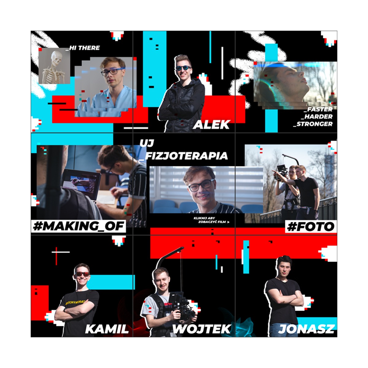 Mozaika zdjęć przedstawiająca członków zespołu filmowego z nazwami i hasłami, w tym ujęcia zza kulis i gotowe kadry, z elementami graficznymi w stylu glitch art.