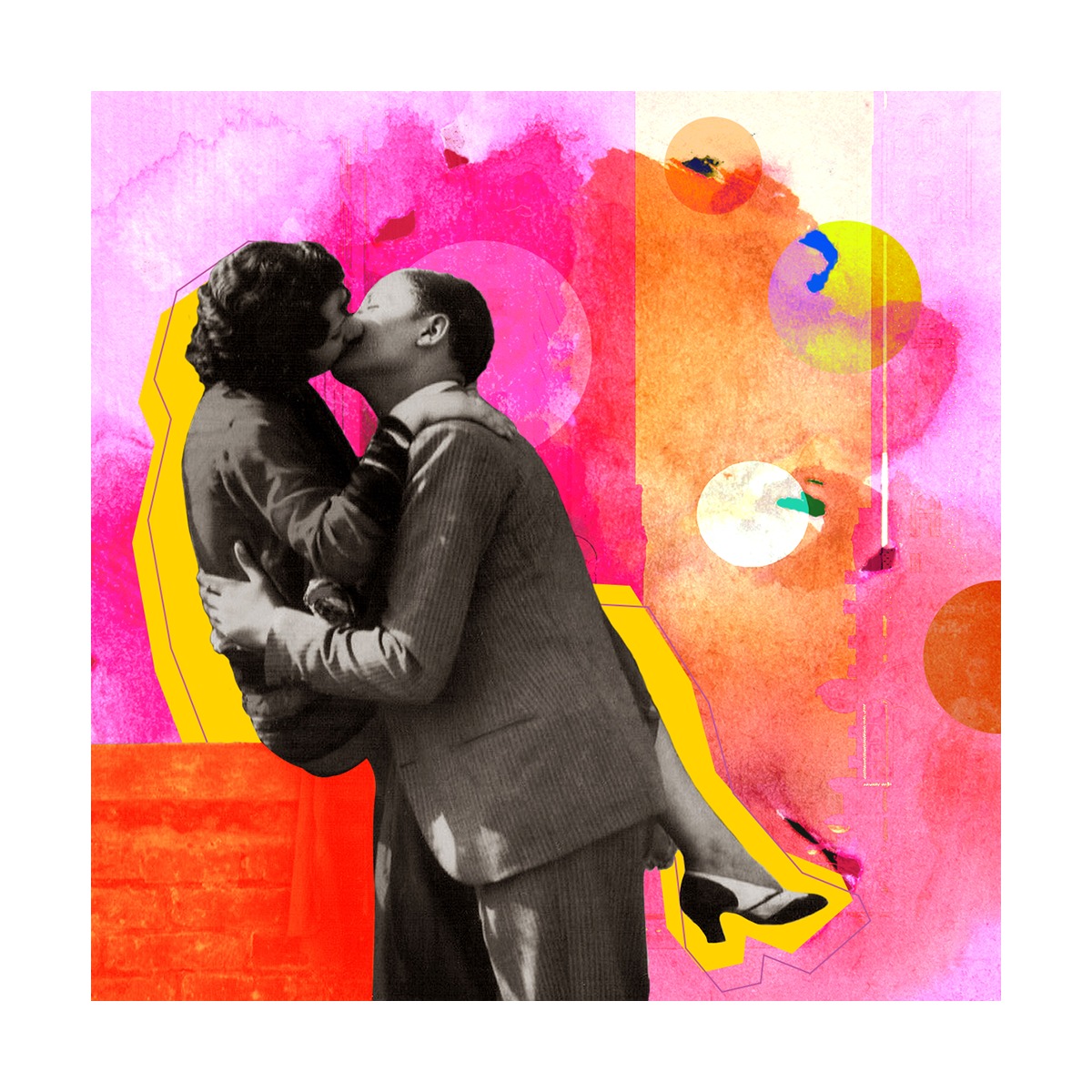 Stylizowany kolaż przedstawiający całującą się parę w stylu retro na tle abstrakcyjnych plam akwareli w odcieniach różu, pomarańczy i żółci.