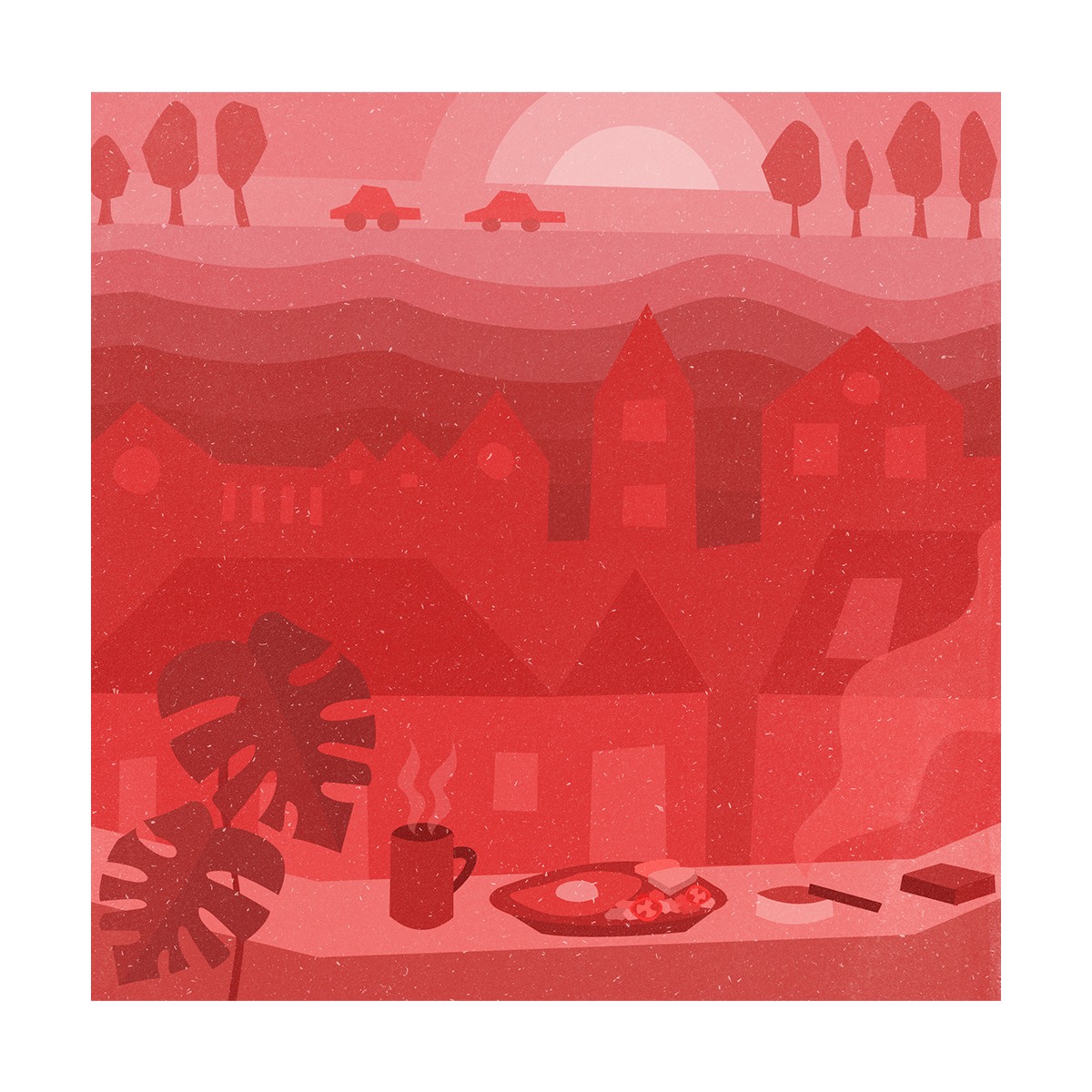 Monochromatyczna ilustracja w odcieniach czerwieni przedstawiająca śniadanie na tle miejskiego krajobrazu z samochodami i drzewami w oddali.