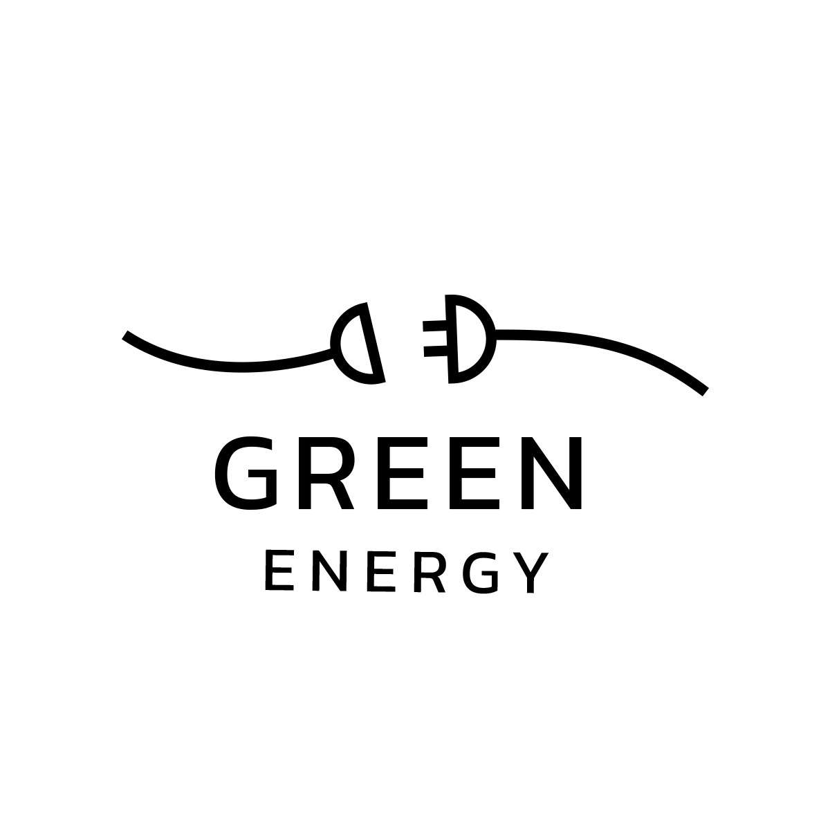 Minimalistyczne czarno-białe logo przedstawiające wtyczkę i gniazdko elektryczne, z napisem 'GREEN ENERGY' poniżej.
