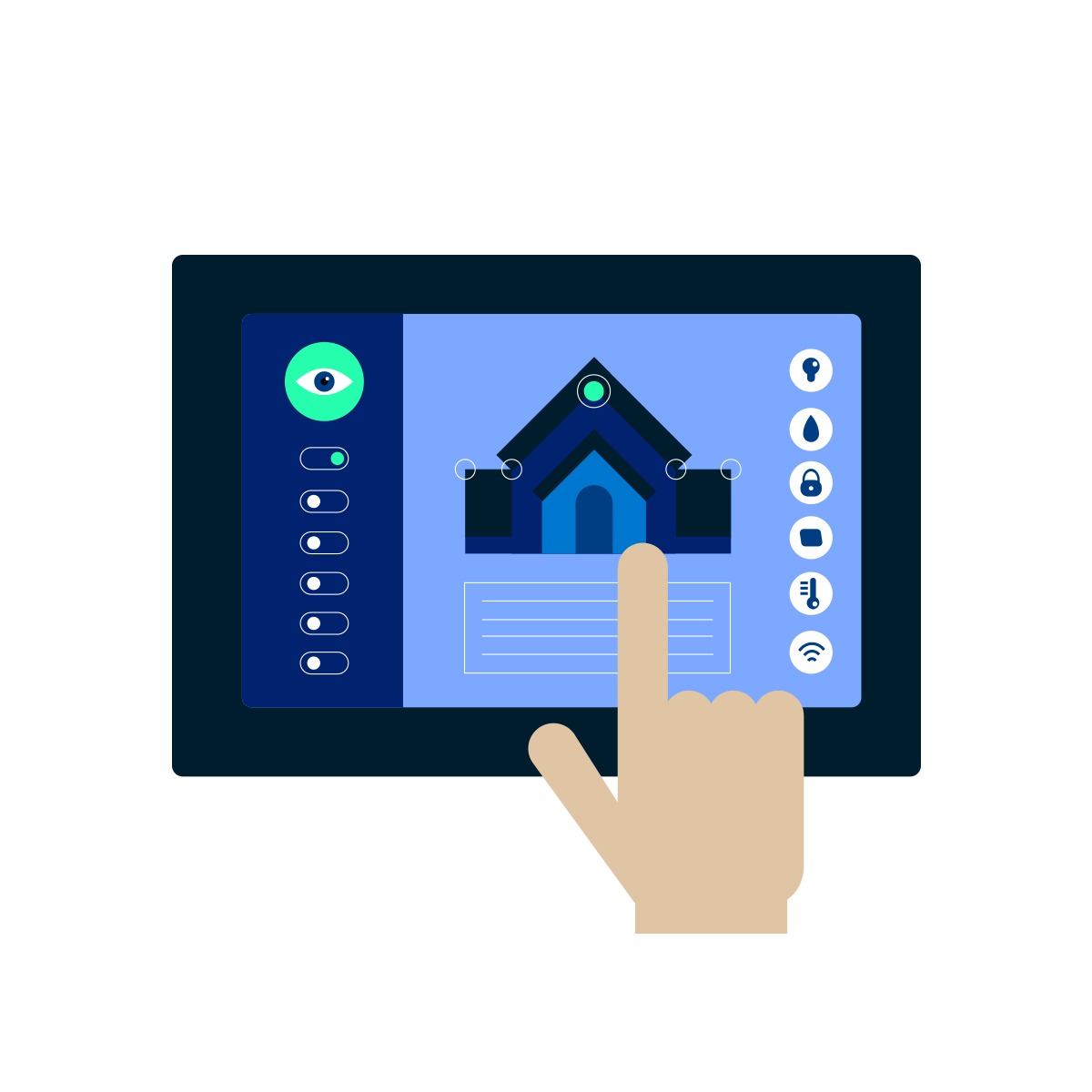 Ilustracja interfejsu tabletu z aplikacją do zarządzania inteligentnym domem, ukazująca schemat domu i ikony kontroli, dotykany palcem.