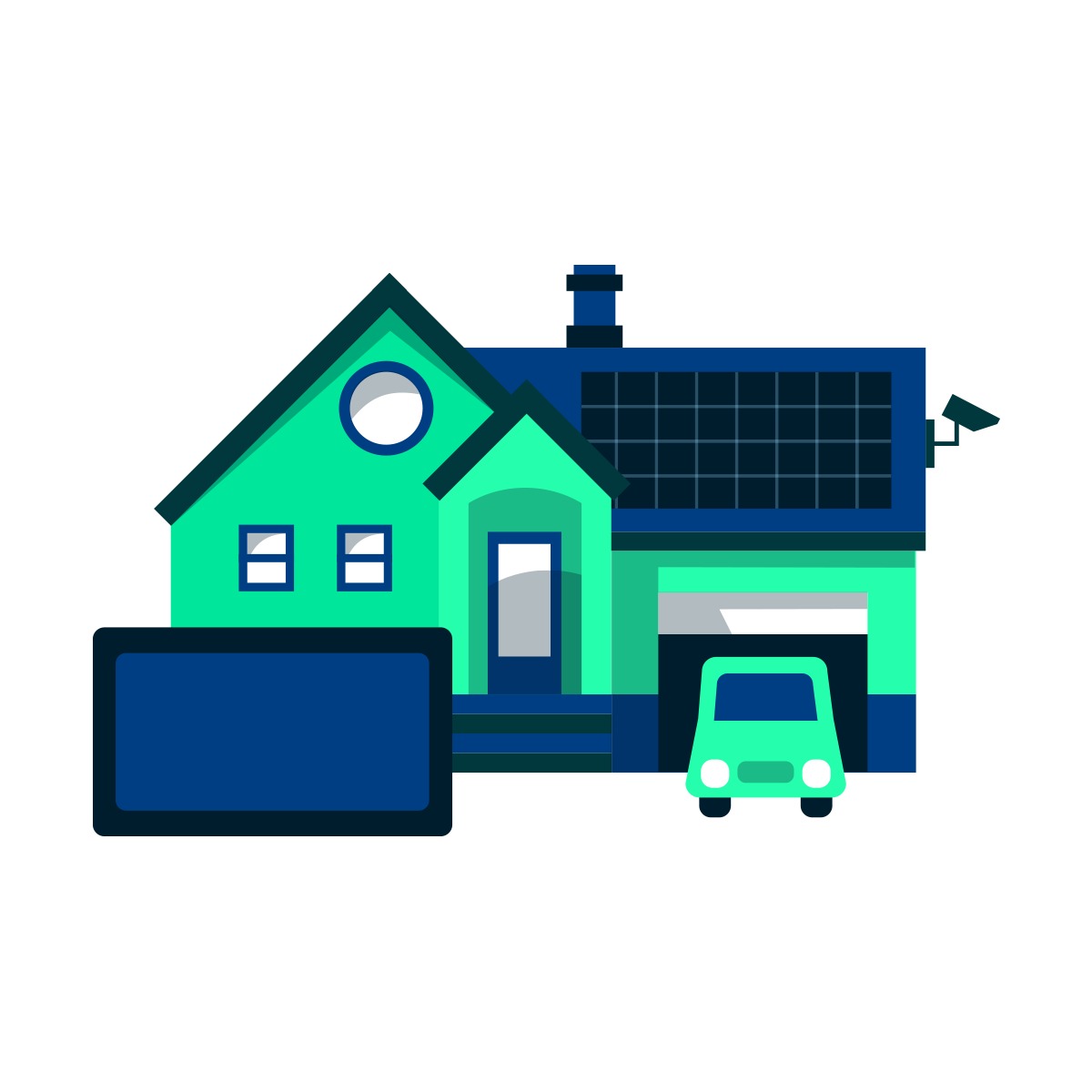 Ilustracja domu z panelami słonecznymi, kamerą monitoringu, garażem z samochodem i tablicą informacyjną, utrzymana w odcieniach zieleni i granatu.