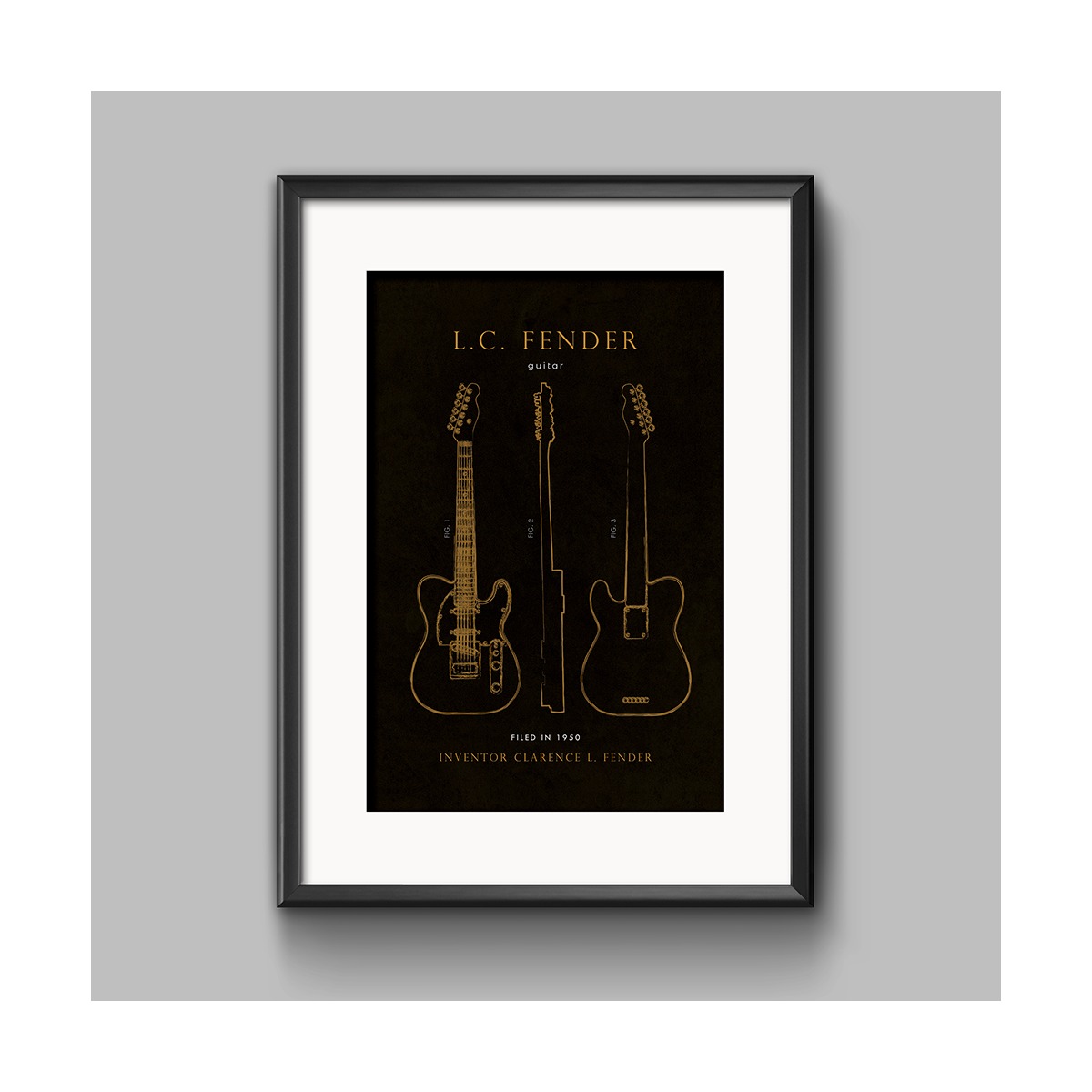 Oprawiony plakat przedstawiający złote schematy gitary elektrycznej L.C. Fender na czarnym tle, z datą patentu 1950 i nazwiskiem wynalazcy Clarence L. Fender.