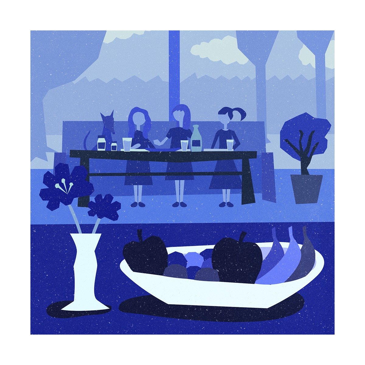 Stylizowana ilustracja w odcieniach niebieskiego przedstawiająca trzy kobiety siedzące przy stole z psem, w tle widok na drzewa i niebo, a na pierwszym planie wazon z kwiatami i misa z owocami...