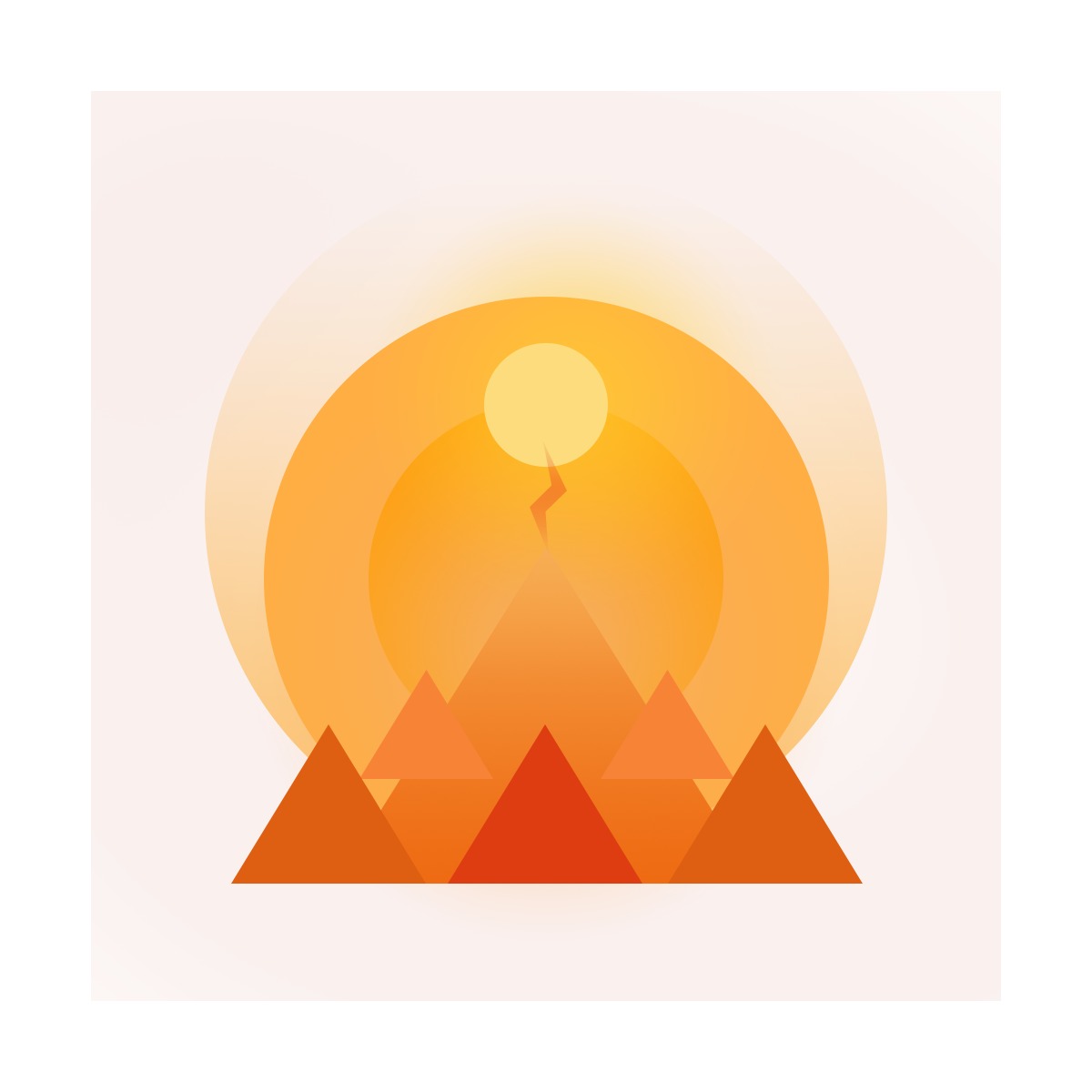 Abstrakcyjne logo przedstawiające pomarańczowe i czerwone trójkąty ułożone w kształt gór, otoczone koncentrycznymi okręgami i słońcem z symbolem błyskawicy pośrodku.