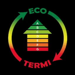 Grafika przedstawia schemat efektywności energetycznej budynku w formie domu z literami A-G, otoczony strzałkami z napisem ECO TERMI.