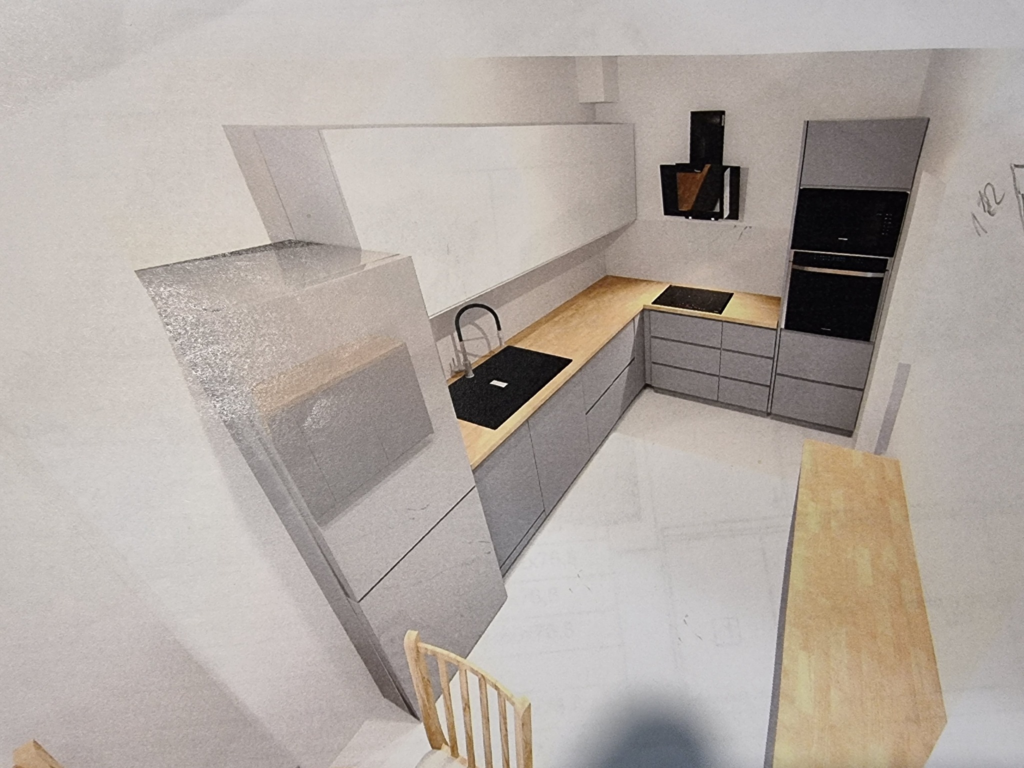 Wizualizacja kuchni z szarymi szafkami, drewnianym blatem i czarnym zlewem, widziana z nietypowej perspektywy, sugerująca skos dachu lub poddasze.
