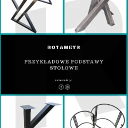 Kompozycja czterech ujęć metalowych podstaw stołowych o różnych kształtach: geometryczna rama spawana z profili kwadratowych, krzyżak z blachy, podstawa w kształcie litery Y na płaskiej stopie,...