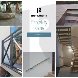 Kolaż zdjęć prezentujący różne realizacje: dekoracyjna donica, taras z drewnianą podłogą i schodami, balustrada balkonowa z czarnych profili, poręcz ze stali nierdzewnej przy schodach oraz schody...