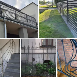Kompozycja zdjęć przedstawiająca różne typy balustrad i ogrodzeń: balkon z kutą balustradą, nowoczesne ogrodzenie panelowe, balustrada schodowa ze stali nierdzewnej, kute ogrodzenie z roślinnością...