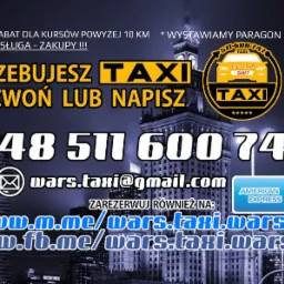 Grafika reklamowa taksówki z numerem telefonu, adresem e-mail, logotypami kart płatniczych i Blik na tle Pałacu Kultury w Warszawie.