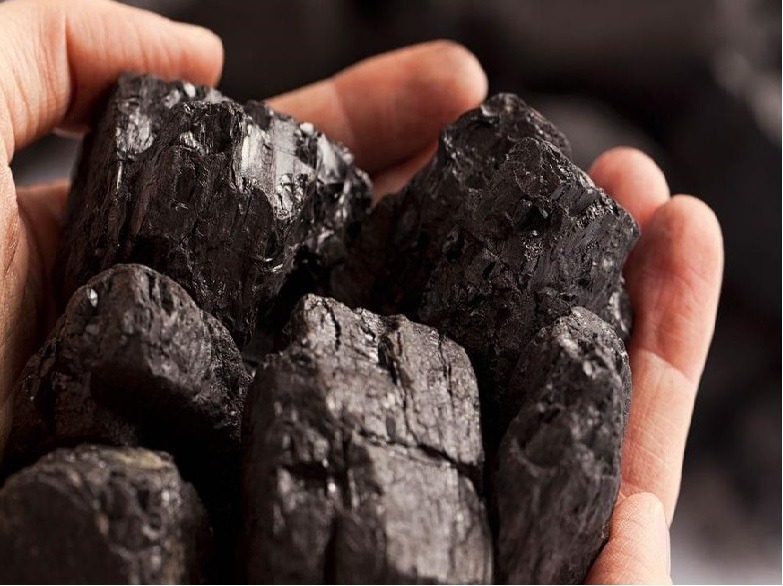 Dłoń trzyma garść błyszczących brył węgla o nieregularnych kształtach i zróżnicowanej strukturze powierzchni, z widocznymi krawędziami i zagłębieniami.