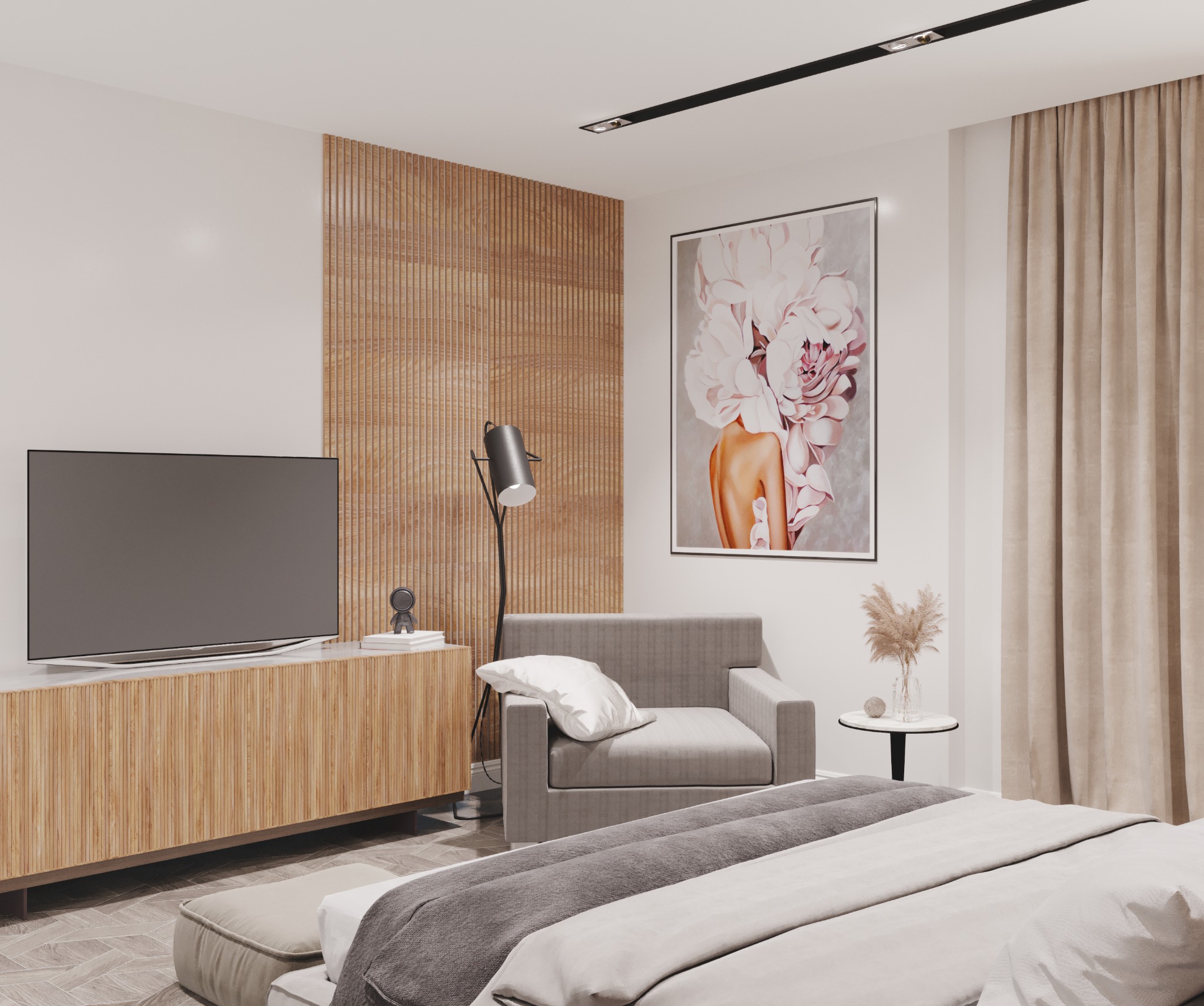 Nowoczesna sypialnia z drewnianą ścianą, szarą sofą i abstrakcyjnym obrazem kwiatowym nad nią, uzupełniona lampą podłogową i telewizorem na szafce RTV.