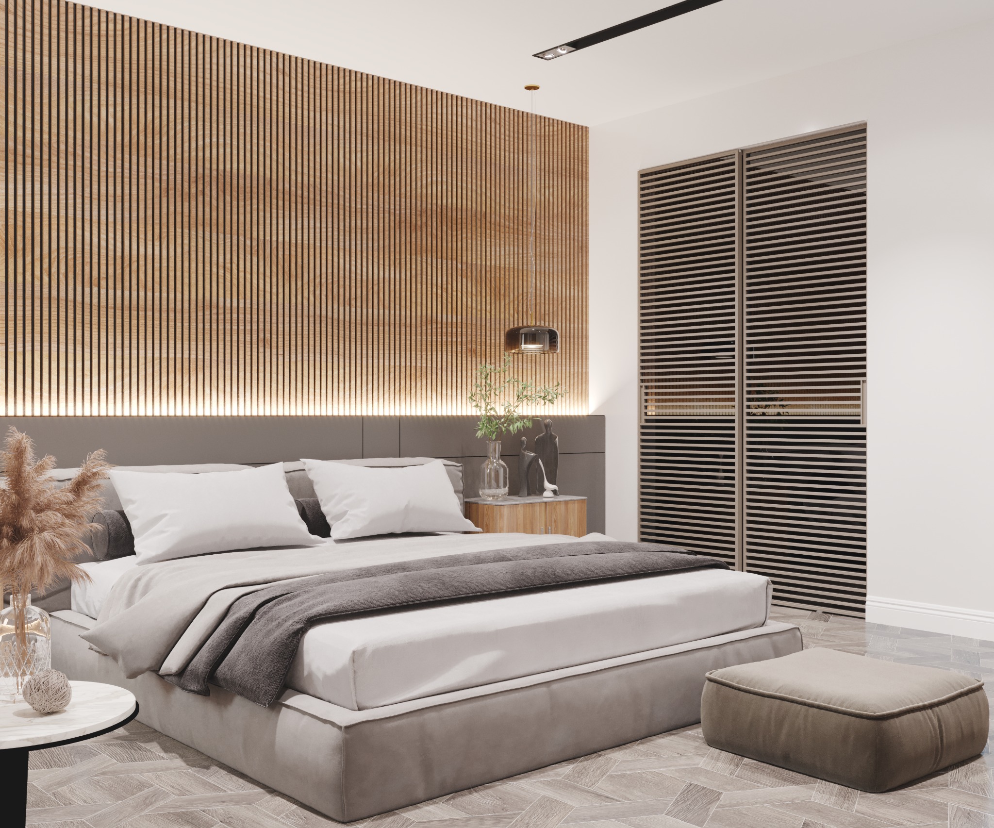Nowoczesna sypialnia z łóżkiem kontynentalnym, drewnianą ścianą z listew podświetlonych od tyłu, szafą z lamelami i stolikiem nocnym z dekoracjami.
