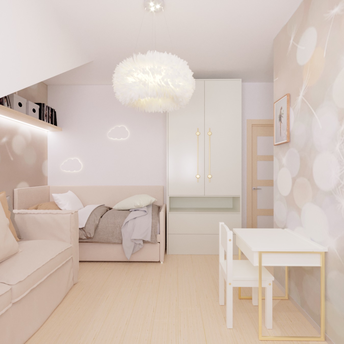 Jasny pokój dziecięcy z łóżkiem, biurkiem i szafą w pastelowych odcieniach, ozdobiony lampą przypominającą pióropusz i naklejkami w kształcie chmurek.