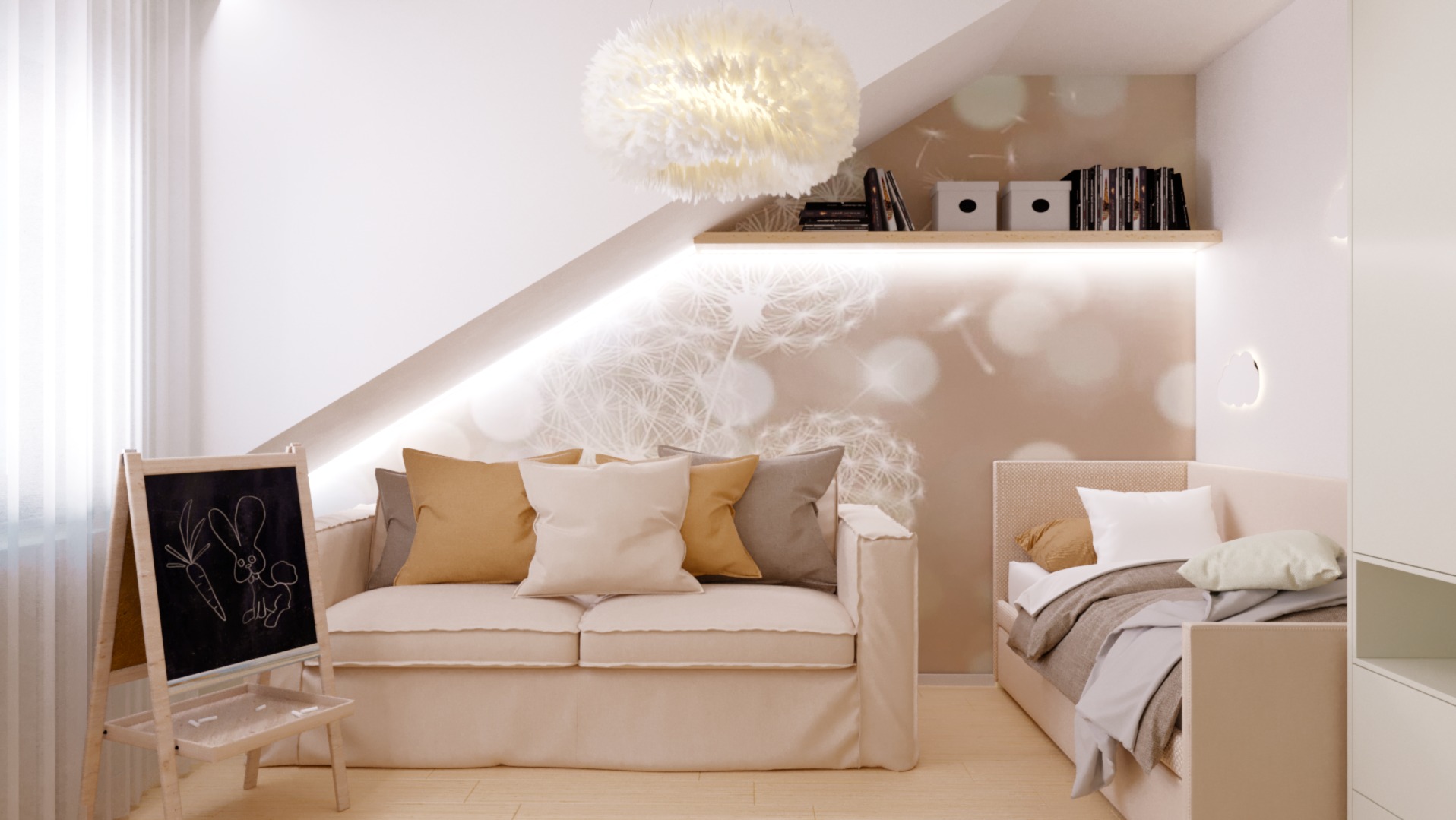 Jasny pokój dziecięcy na poddaszu z sofą z poduszkami w odcieniach beżu i brązu, łóżkiem, tablicą z rysunkiem królika i marchewki oraz lampą w kształcie dmuchawca.