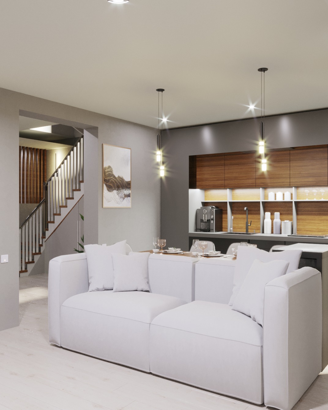 Nowoczesne wnętrze: biała, modułowa sofa w otwartej przestrzeni z kuchnią w tle, drewniane akcenty, schody z metalową balustradą i minimalistyczne oświetlenie.